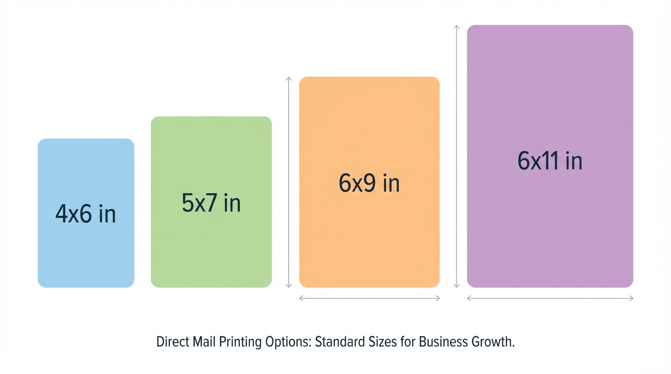 Postcard size comparison showing 4x6, 5x7, 6x9 and 6x11 inch direct mail formats side by side