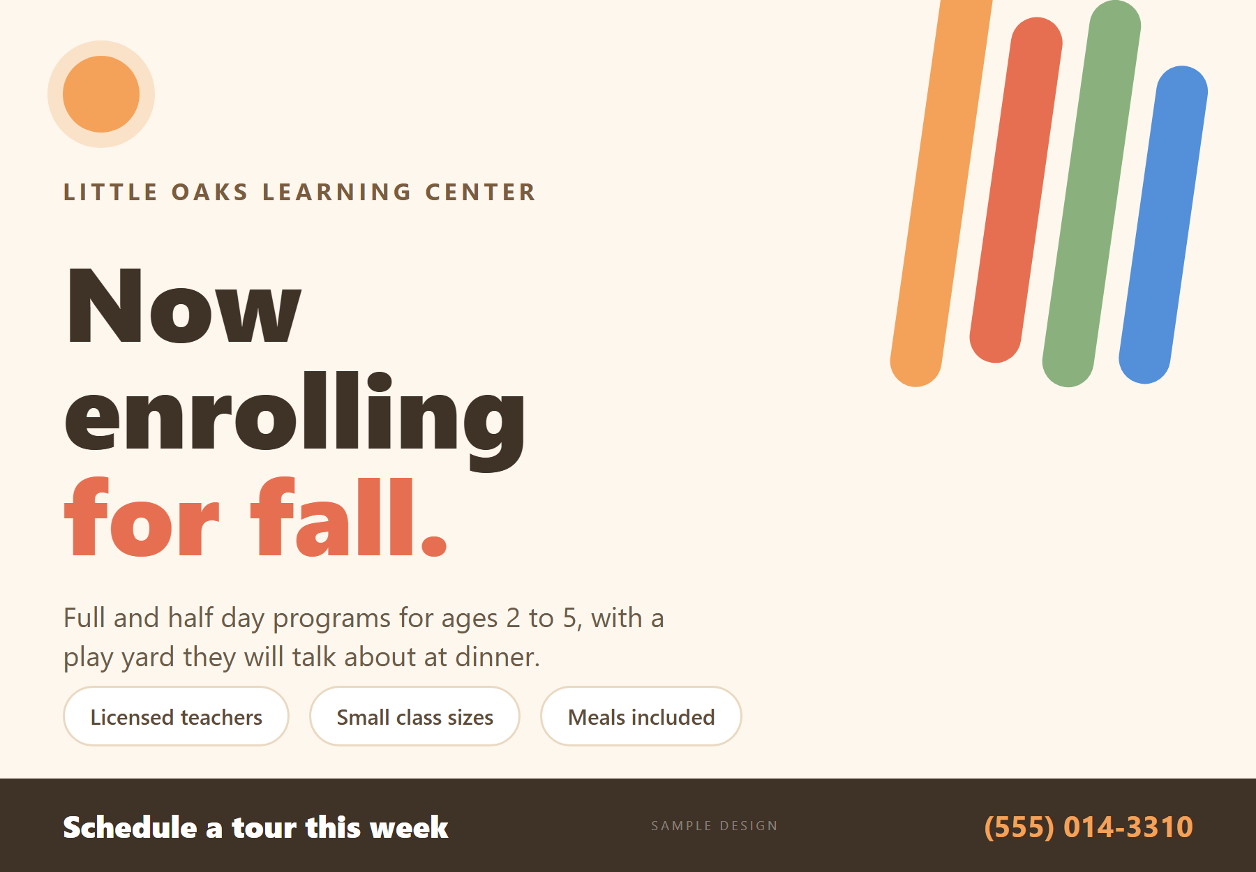Sample daycare enrollment postcard design with a now enrolling headline, program badges, and a schedule a tour call to action