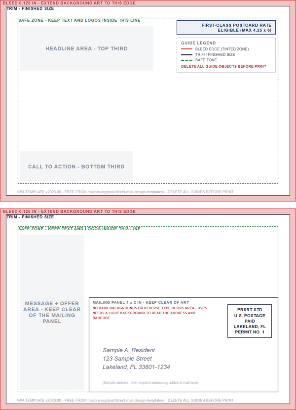 Front and address side of the 4x6 postcard template with trim, bleed and mailing panel marked