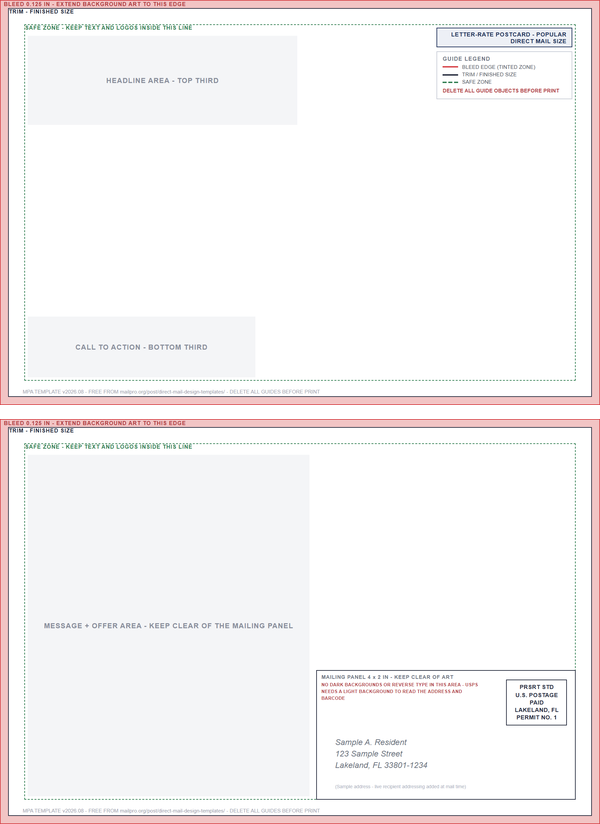 Front and address side of the 6x9 postcard template with trim, bleed and mailing panel marked